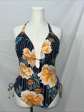 Floral Halter One-Piece Swimsuit in Black and Yellow